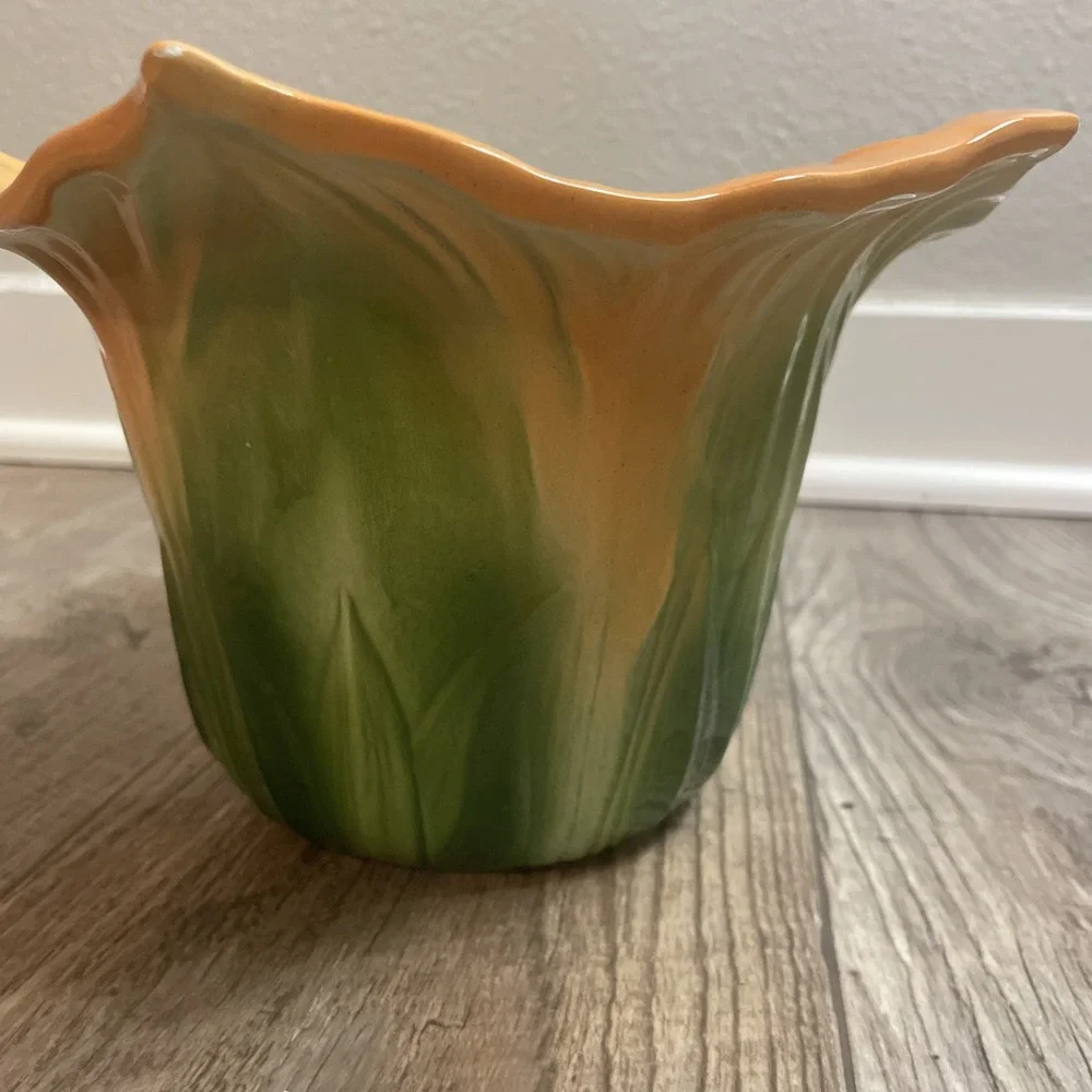 VTG Squash‎ Gourd Flower Vase Bowl Planter Orange & Green Ceramic Italy